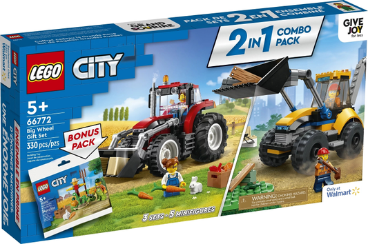 66772 LEGO City Big Wheel Gift Set 66772, 2in1 Tractor and Construction Digger Building Toy Sets Plus Farm Garden & Scarecrow Bonus Pack, Great Gift for Boys and Girls Ages 5 and up