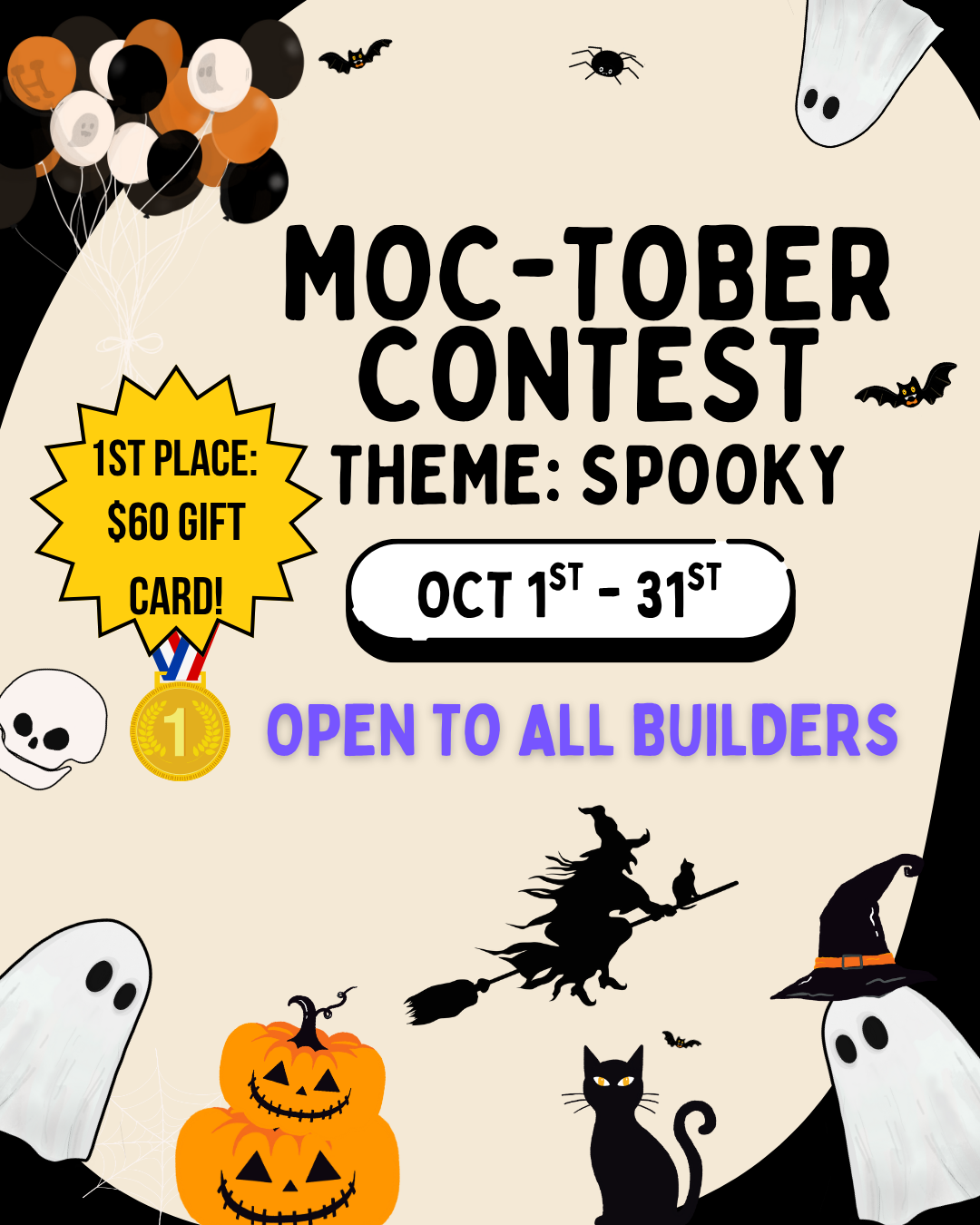 Halloween-themed MOC-tober contest flyer with pumpkins, ghosts, and a witch on a broom.
